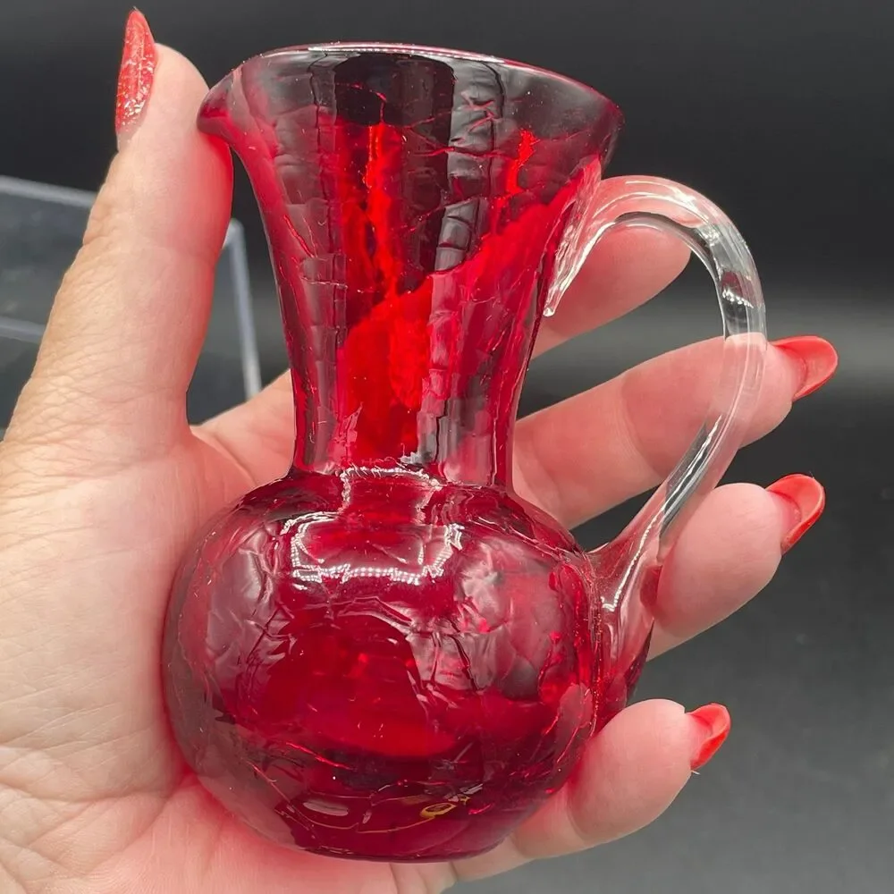 Vintage Ruby Red Crackle Glass Mini Pitcher Applied Clear Handle Pontil Mark